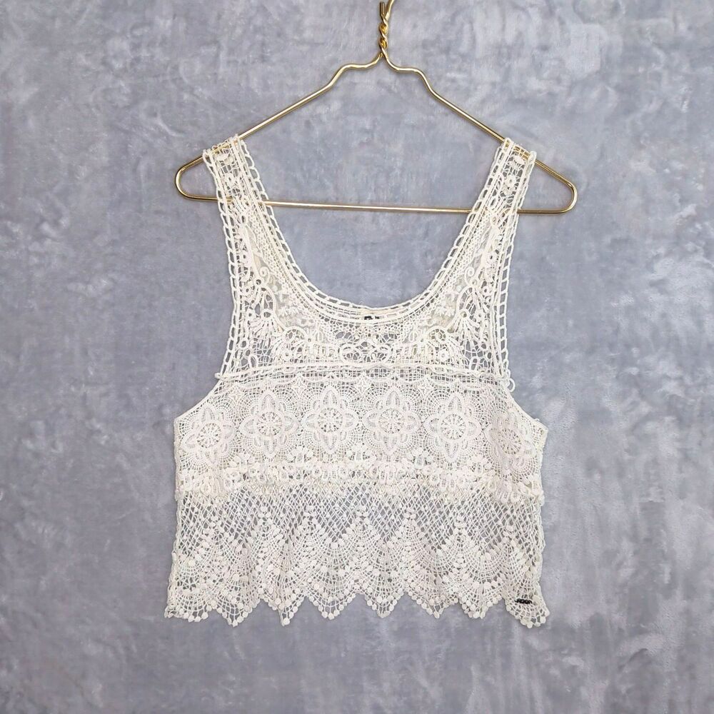 ROXY Off-White Floral Crochet Crop Top Size S Beach Surf Travel Delicate Lace